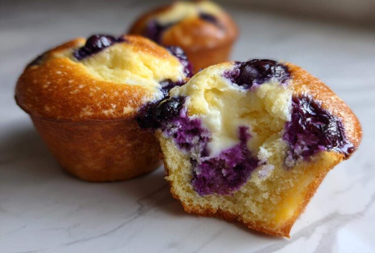 Close-up of a Blueberry Cream Cheese Muffin cut in half showing the creamy center and juicy blueberries.