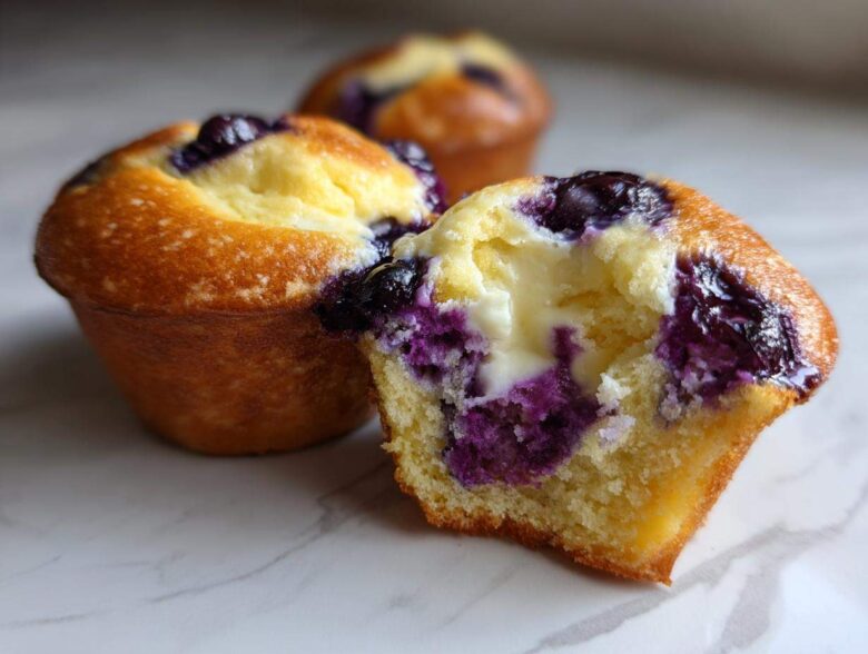 Close-up of a Blueberry Cream Cheese Muffin cut in half showing the creamy center and juicy blueberries.