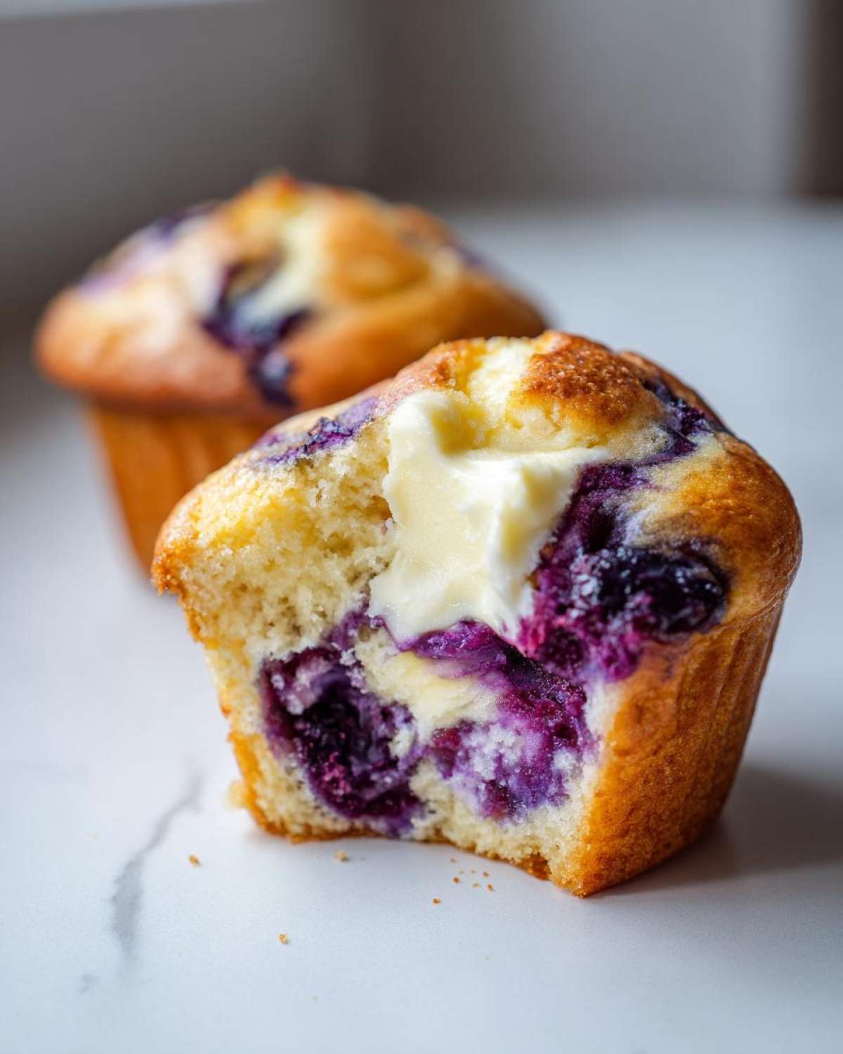 Close-up of a Blueberry Cream Cheese Muffin cut in half showing the moist interior, blueberries, and cream cheese filling.