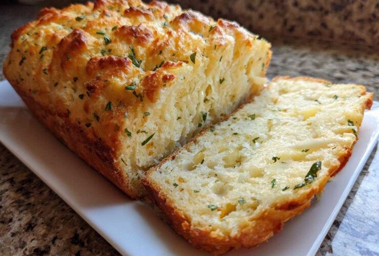 A loaf of golden-brown Bread Machine Italian Herb Bread Loaded with Cheese and Garlic, with one slice cut and showing the soft interior.