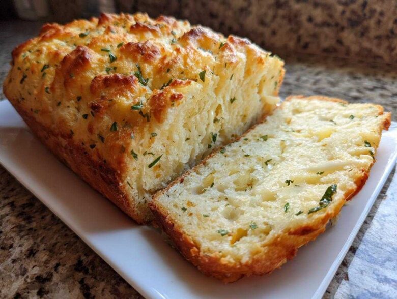 A loaf of golden-brown Bread Machine Italian Herb Bread Loaded with Cheese and Garlic, with one slice cut and showing the soft interior.