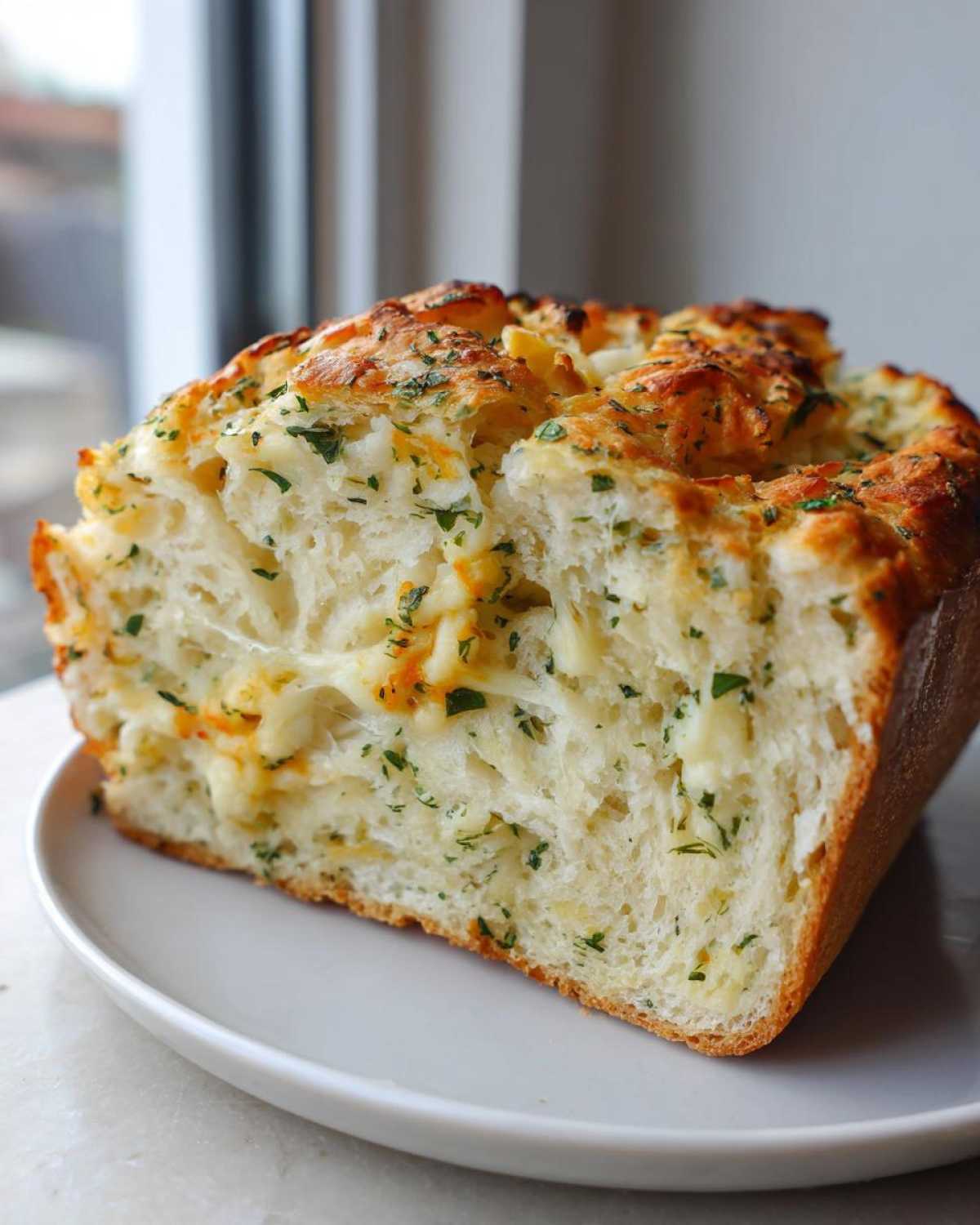 Cross section of delicious Bread Machine Italian Herb Bread Loaded with Cheese and Garlic, showing melted cheese.