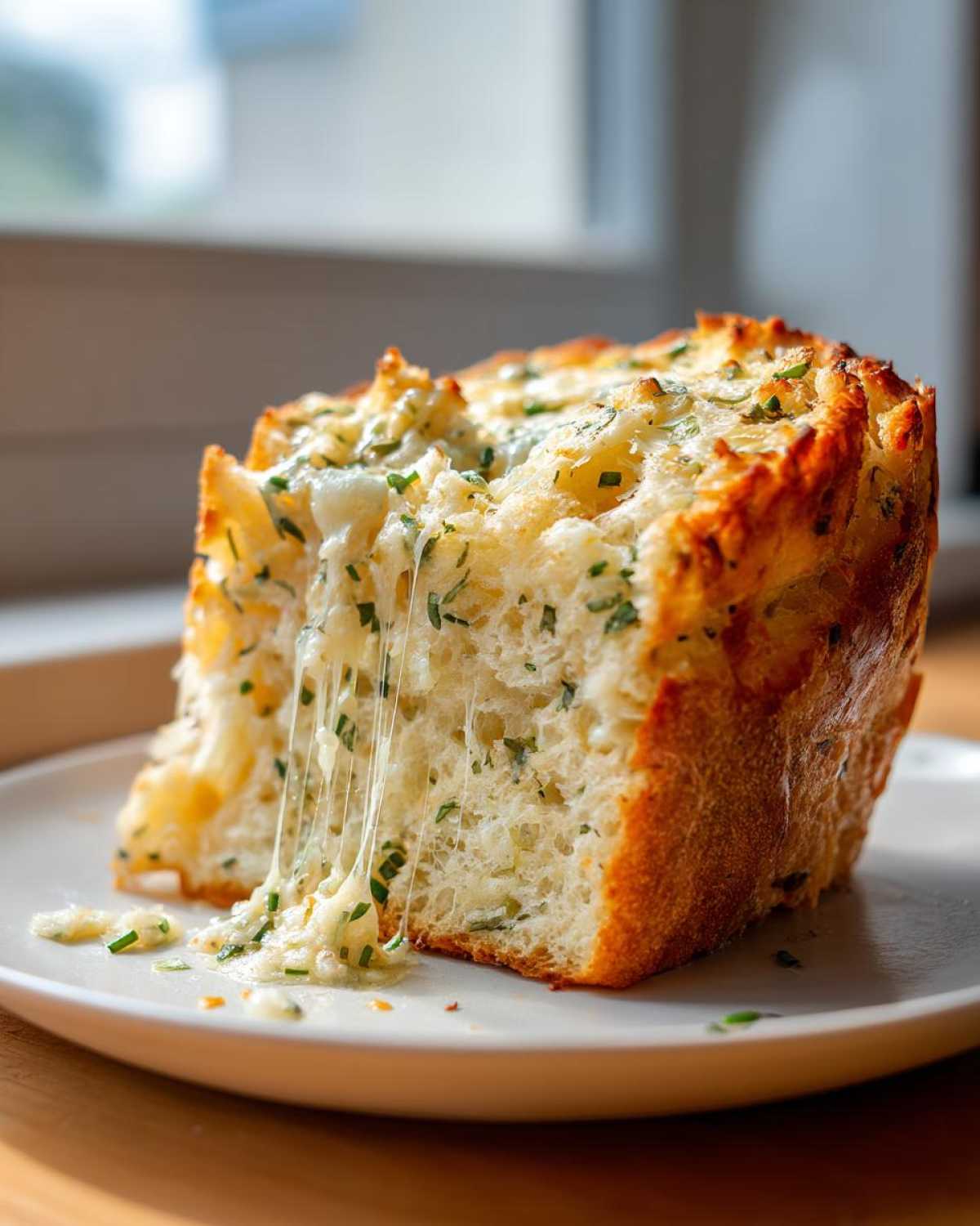 Close-up of a slice of Bread Machine Italian Herb Bread Loaded with Cheese and Garlic showing a dramatic cheese pull.