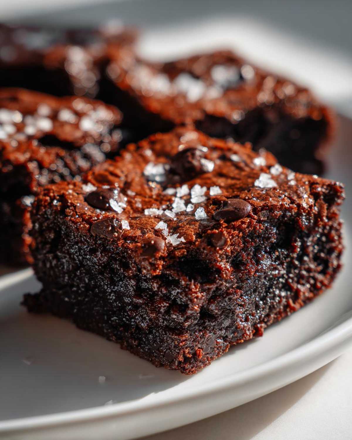 Close-up of a fudgy Brown Butter Brownies square topped with flaky sea salt and chocolate chips.