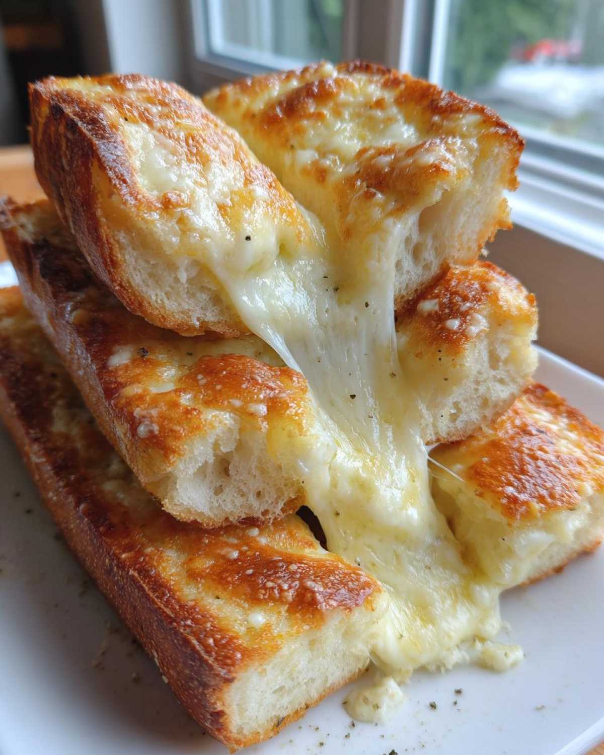 Close-up of stacked slices of Buttery Garlic Bread With Cheese showing an extreme, gooey cheese pull.