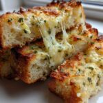 Close-up of stacked, golden-brown Buttery Garlic Bread With Cheese slices showing melted, stretching cheese and green herbs.