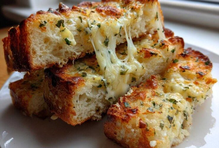 Close-up of stacked, golden-brown Buttery Garlic Bread With Cheese slices showing melted, stretching cheese and green herbs.