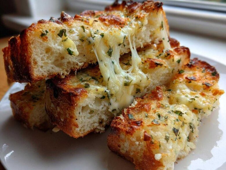 Close-up of stacked, golden-brown Buttery Garlic Bread With Cheese slices showing melted, stretching cheese and green herbs.