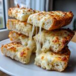 Stack of cheesy Buttery Garlic Bread With Cheese slices showing a dramatic cheese pull.
