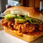 A perfectly assembled Cajun Crispy Chicken Sandwich featuring a thick, crunchy chicken fillet, pickles, lettuce, and sauce on a soft bun.
