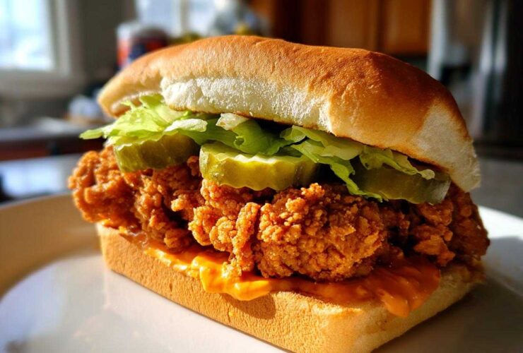 A perfectly assembled Cajun Crispy Chicken Sandwich featuring a thick, crunchy chicken fillet, pickles, lettuce, and sauce on a soft bun.