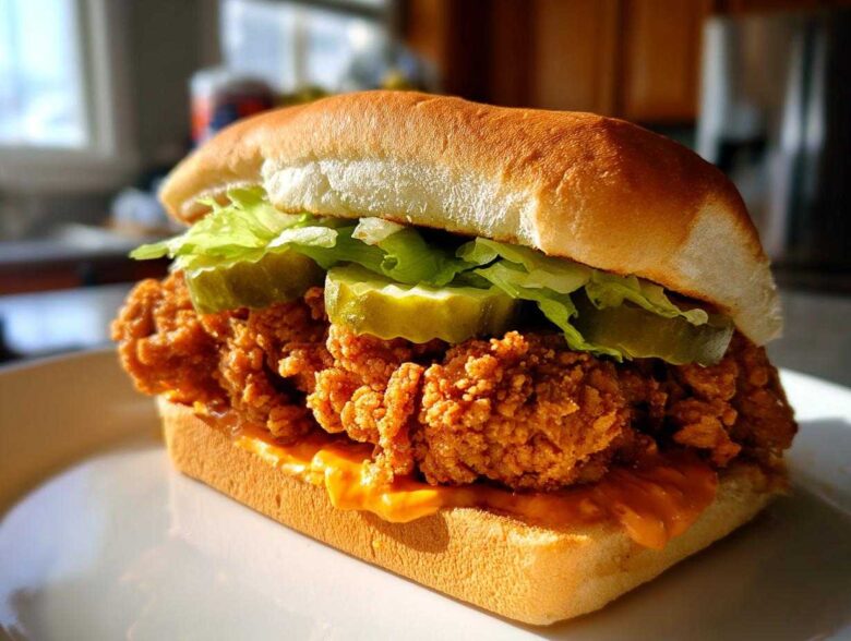 A perfectly assembled Cajun Crispy Chicken Sandwich featuring a thick, crunchy chicken fillet, pickles, lettuce, and sauce on a soft bun.