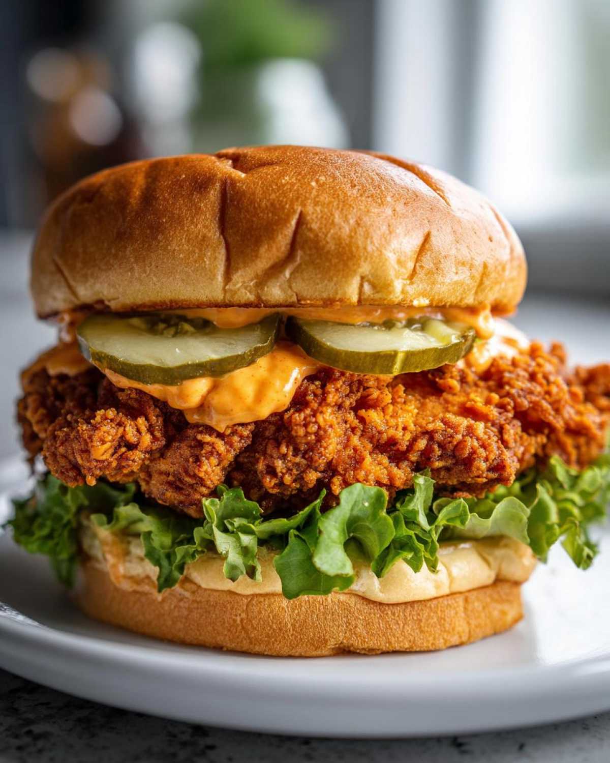 A close-up of a juicy Cajun Crispy Chicken Sandwich with pickles and spicy sauce on a brioche bun.