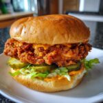 A tall Cajun Crispy Chicken Sandwich featuring a thick, crunchy fried fillet, pickles, lettuce, and spicy sauce on a brioche bun.