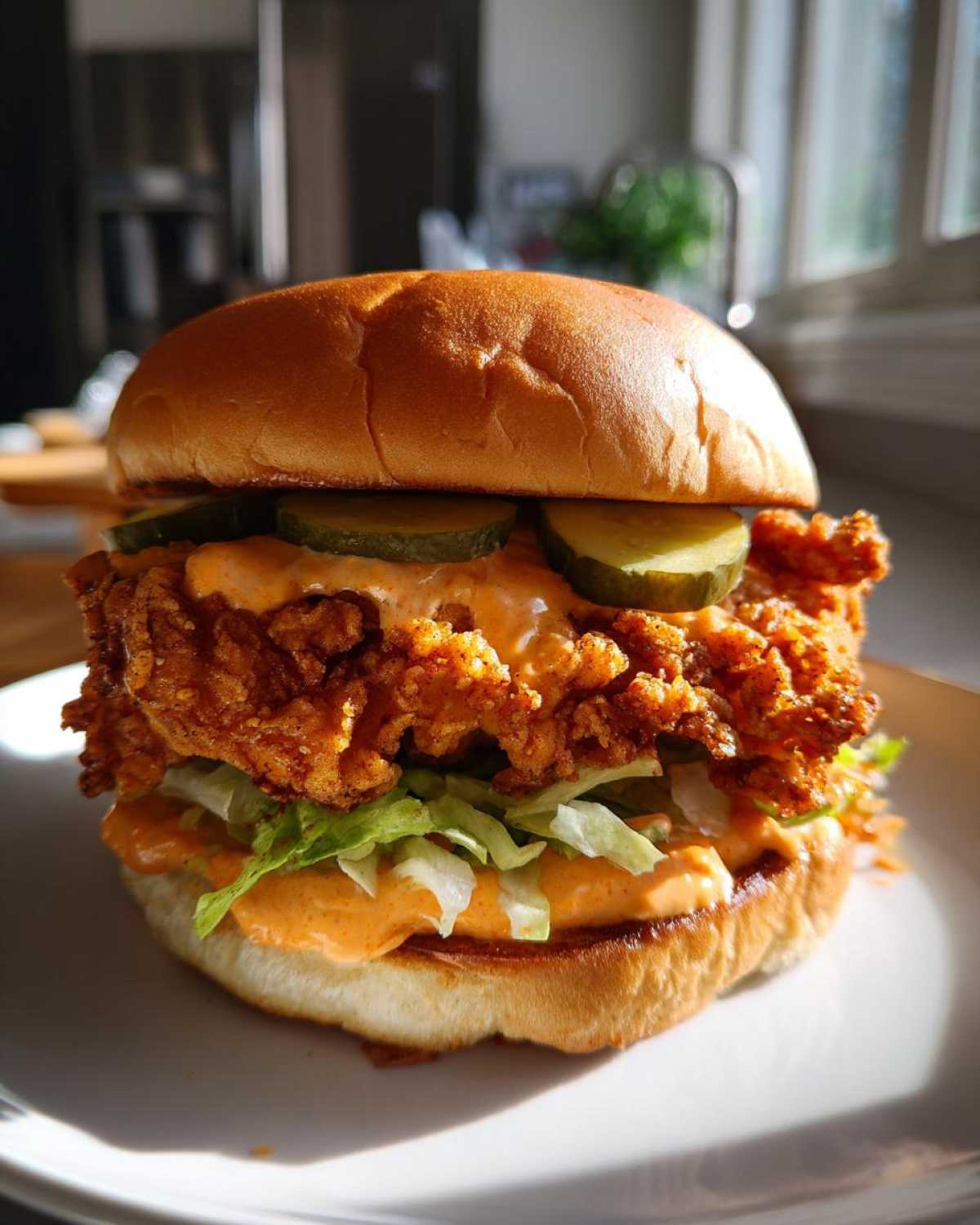 A tall, delicious Cajun Crispy Chicken Sandwich with pickles, spicy sauce, and lettuce on a brioche bun.