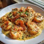 Close-up of Cajun Salmon and Shrimp in Creamy Garlic Sauce Dinner, garnished with parsley and red pepper flakes.