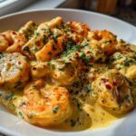 Close-up of plump shrimp coated in a rich, creamy garlic sauce, seasoned with herbs and red pepper flakes, part of the Cajun Salmon and Shrimp Dinner.