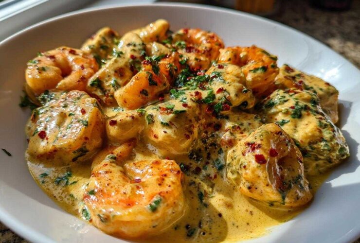Close-up of plump shrimp coated in a rich, creamy garlic sauce, seasoned with herbs and red pepper flakes, part of the Cajun Salmon and Shrimp Dinner.
