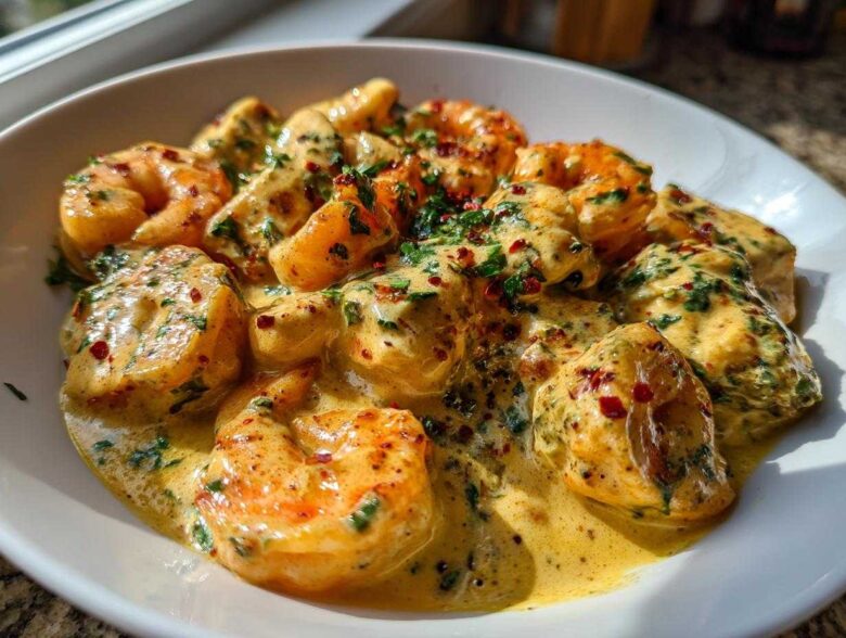 Close-up of plump shrimp coated in a rich, creamy garlic sauce, seasoned with herbs and red pepper flakes, part of the Cajun Salmon and Shrimp Dinner.