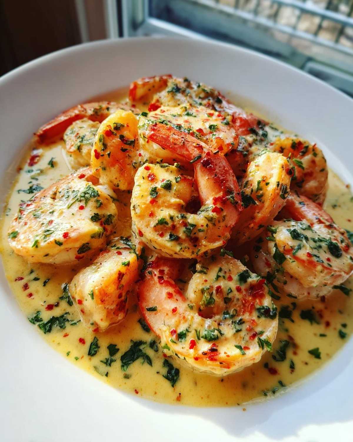 Close-up of plump shrimp coated in a rich, creamy garlic sauce speckled with herbs and red pepper flakes, part of the Cajun Salmon and Shrimp Dinner.