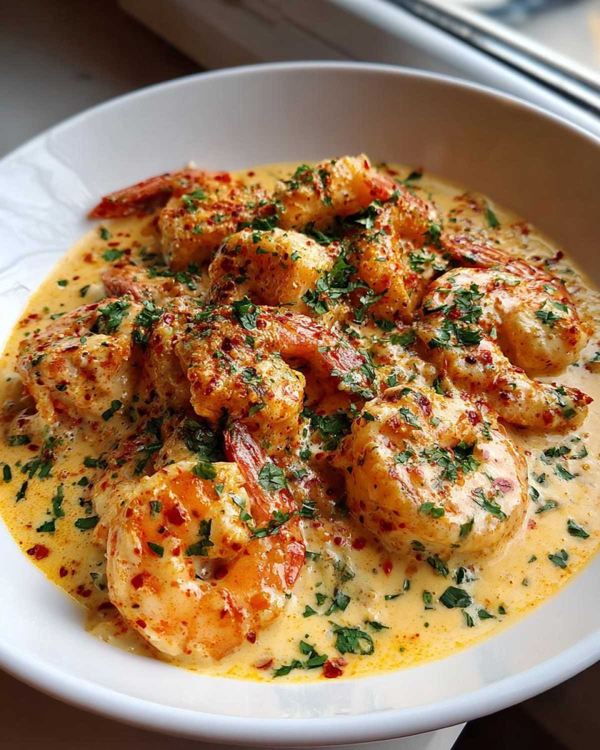 Close-up of plump shrimp coated in a rich, creamy garlic sauce, seasoned for a Cajun Salmon and Shrimp dinner.