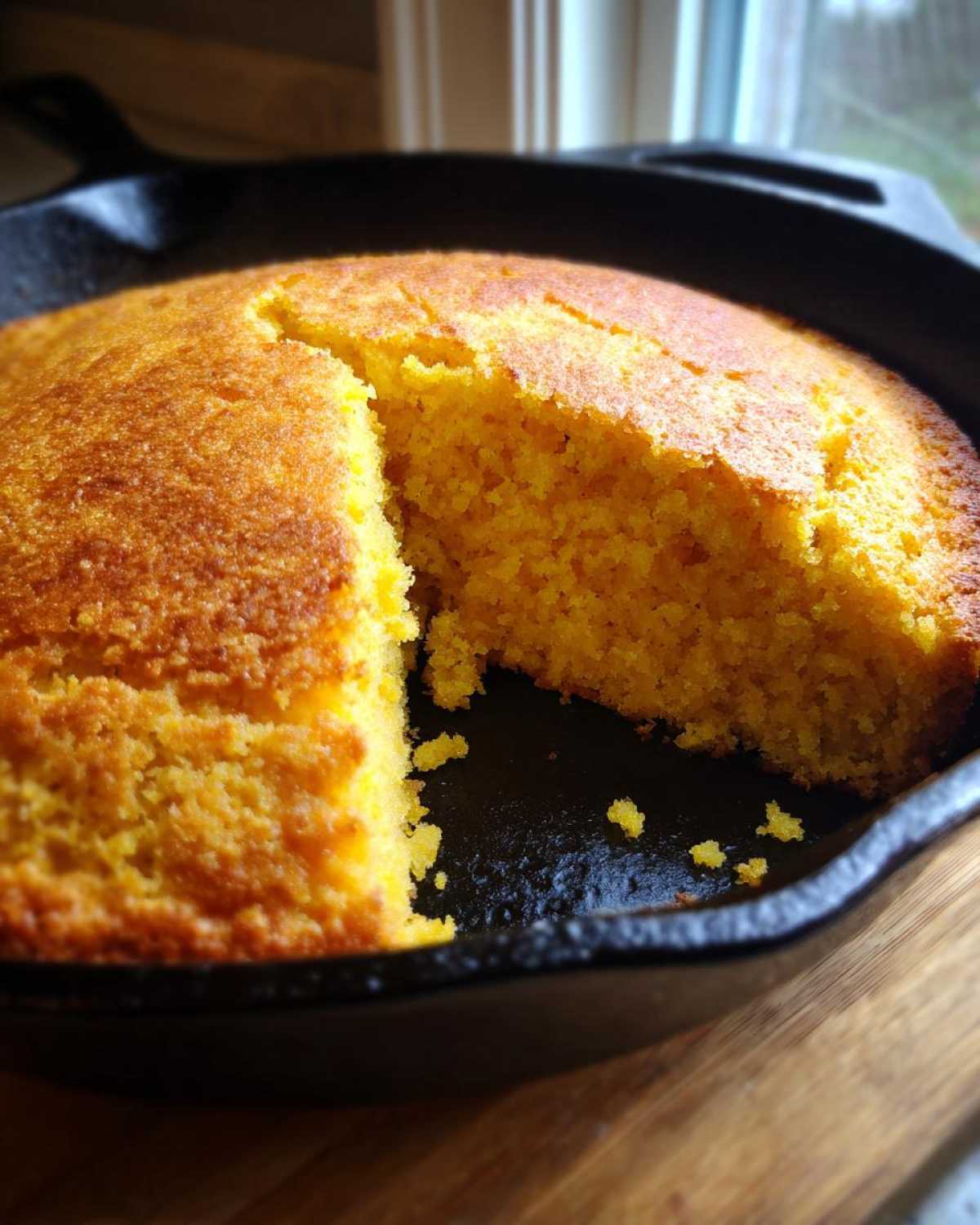 A golden brown Cast Iron Skillet Cornbread with one slice partially removed, showing the crumb texture.