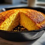 Close-up of golden brown Cast Iron Skillet Cornbread baked in a black skillet with one slice already cut out.