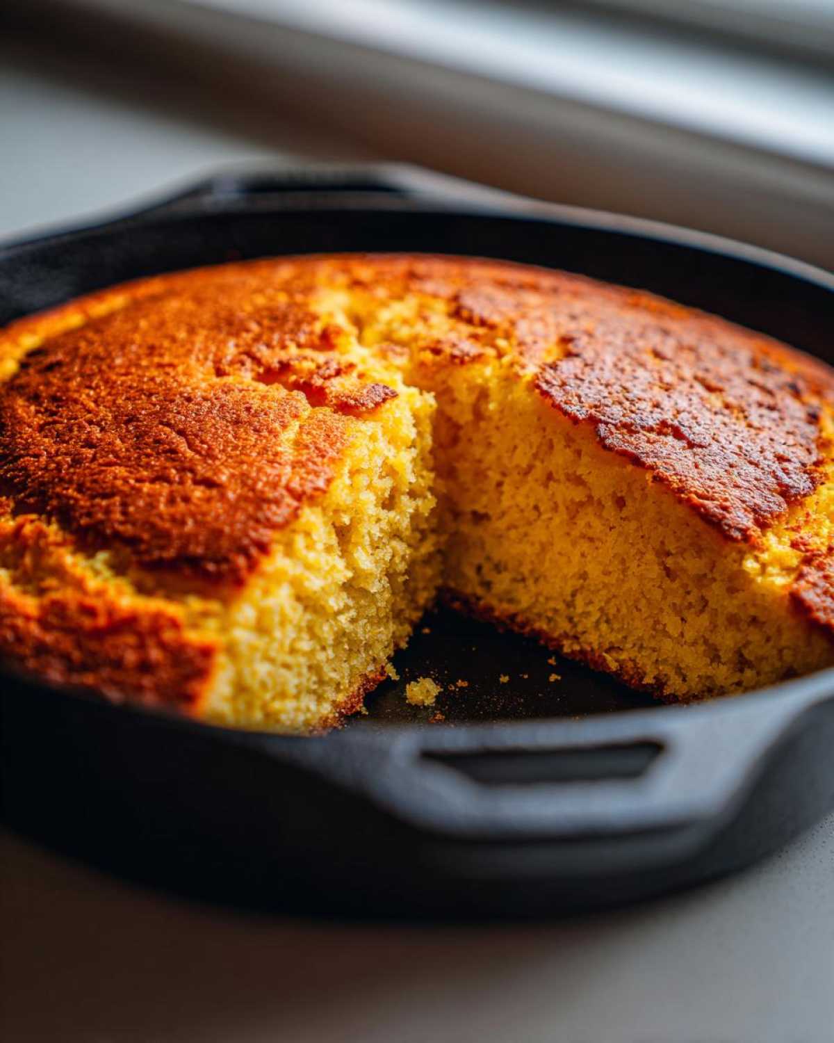 Close-up of golden brown Cast Iron Skillet Cornbread with one slice cut out, showing the moist interior.