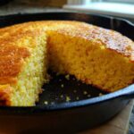 Close-up of golden brown Cast Iron Skillet Cornbread with one slice cut out, showing the moist interior texture.