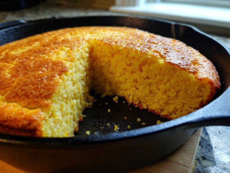 Close-up of golden brown Cast Iron Skillet Cornbread with one slice cut out, showing the moist interior texture.