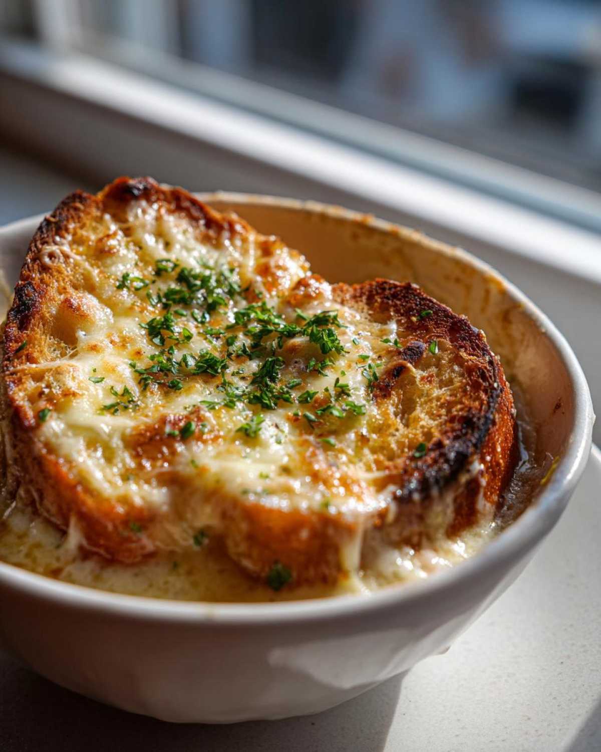 Close-up of cheesy, toasted bread topping a bowl of rich Garlic Bread Soup, garnished with parsley.