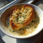 A thick slice of cheesy, toasted bread sits atop a bowl of creamy Garlic Bread Soup, garnished with herbs.