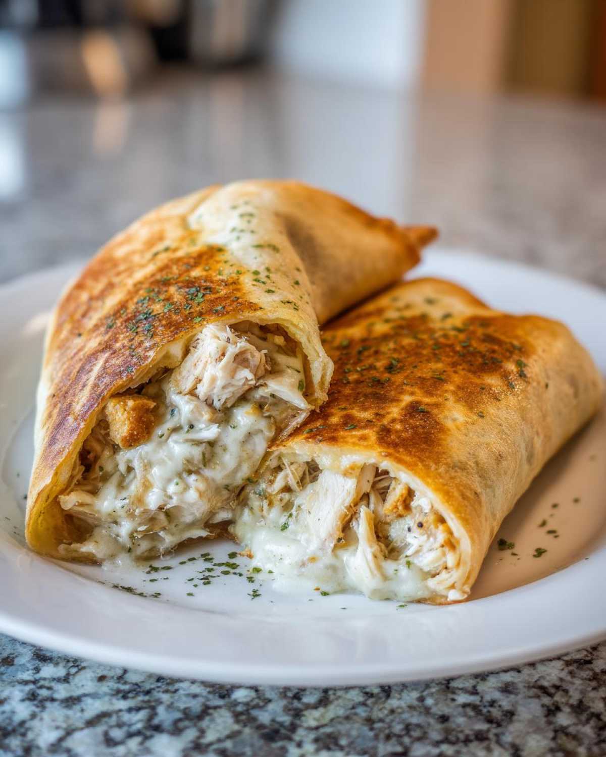 A cross-section of Cheesy Garlic Chicken Wraps showing shredded chicken, creamy sauce, and melted cheese.
