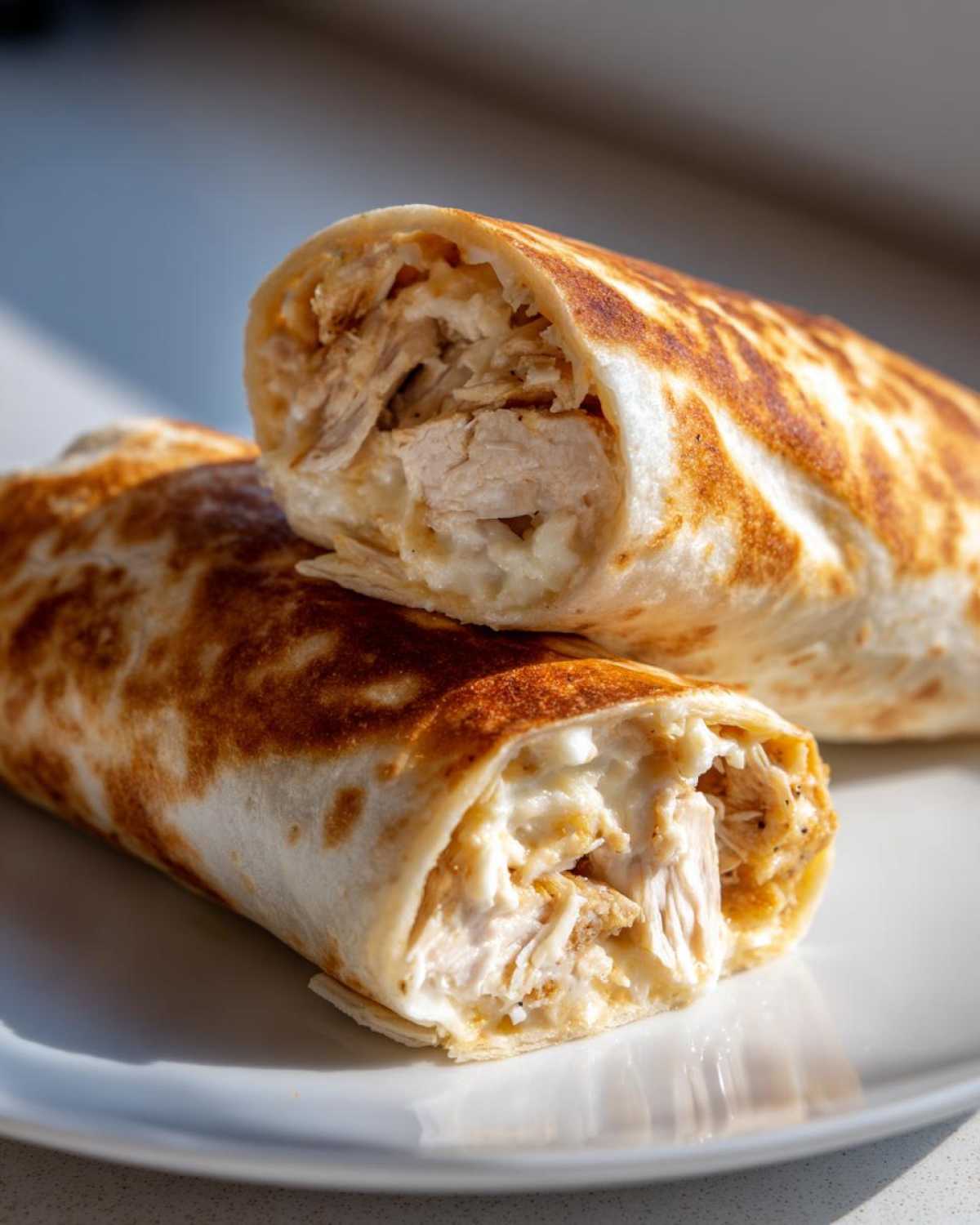 Two halves of a golden-brown toasted Cheesy Garlic Chicken Wraps, showing shredded chicken and melted cheese filling.