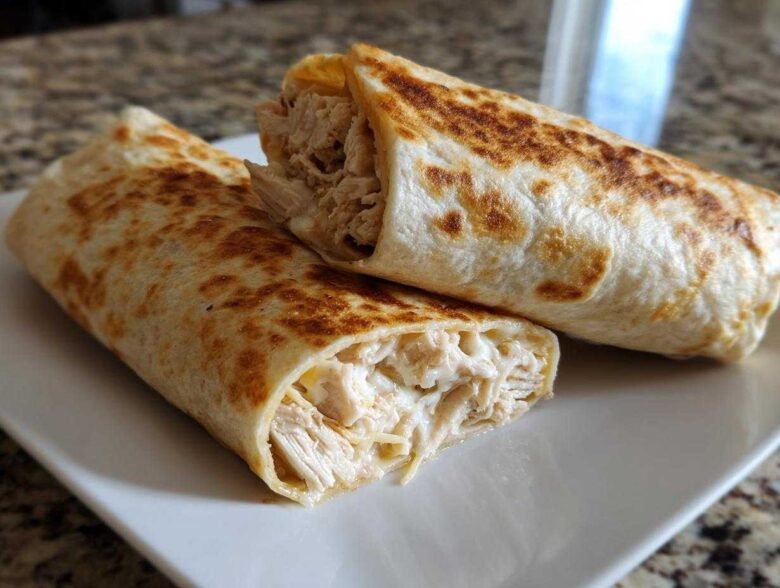 Two halves of a golden-brown Cheesy Garlic Chicken Wraps showing shredded chicken and creamy filling.