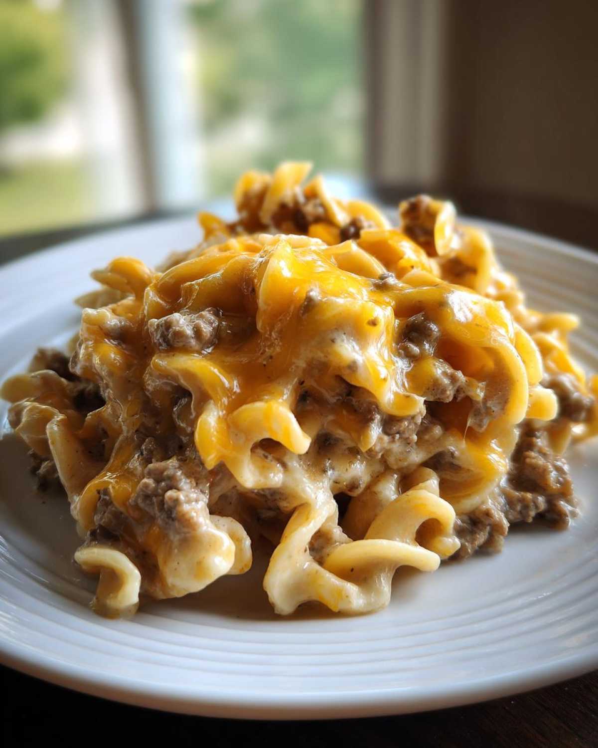 A close-up serving of Cheesy Hamburger Casserole featuring pasta spirals mixed with ground beef and covered in melted cheddar cheese.
