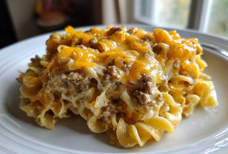A generous serving of Cheesy Hamburger Casserole featuring ground beef, creamy sauce, and melted cheddar cheese over egg noodles.