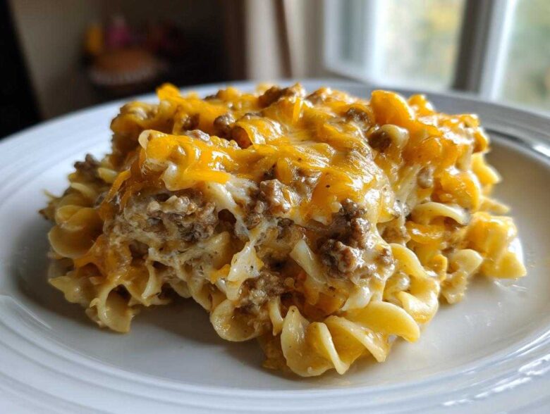 A generous serving of Cheesy Hamburger Casserole featuring ground beef, creamy sauce, and melted cheddar cheese over egg noodles.
