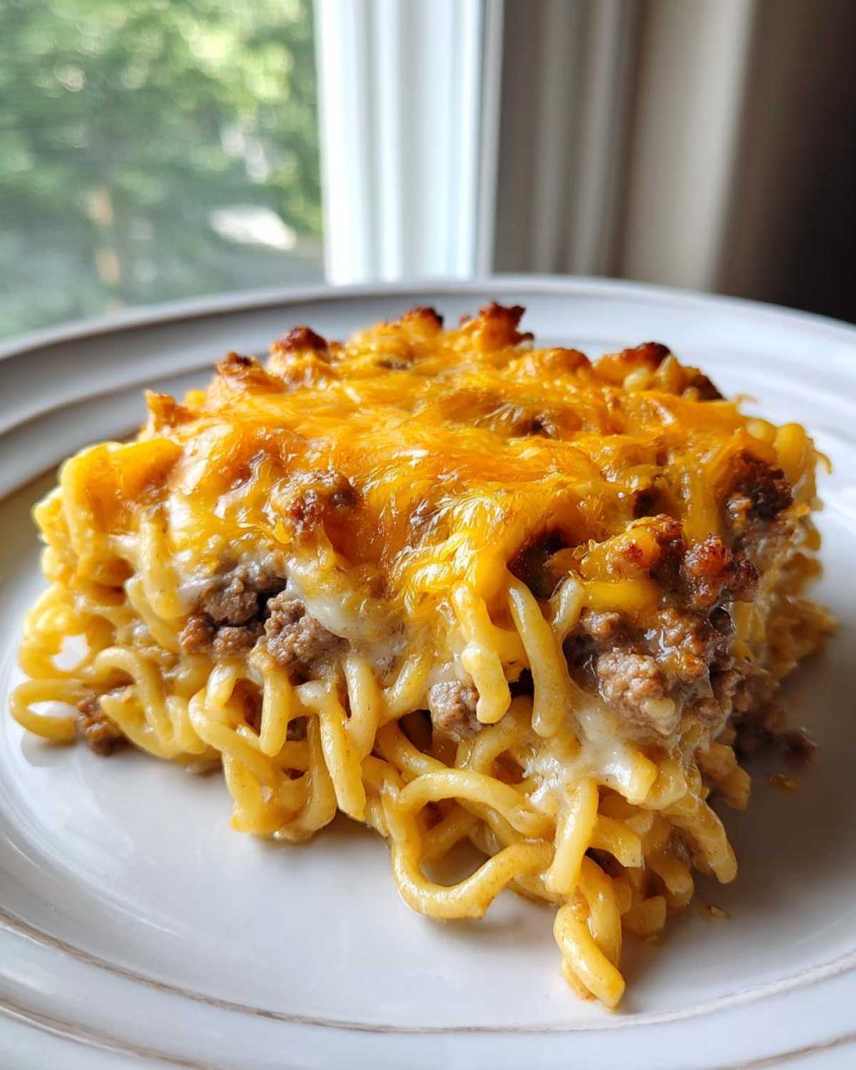 A close-up serving of Cheesy Hamburger Casserole featuring curly pasta, ground beef, and a thick, bubbly layer of melted cheddar cheese.