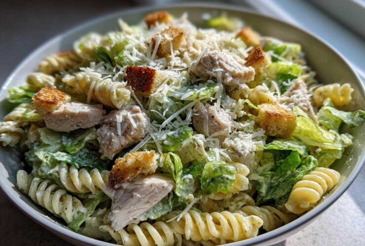 A bowl filled with Chicken Caesar Pasta Salad featuring rotini pasta, grilled chicken pieces, romaine lettuce, croutons, and grated Parmesan cheese.