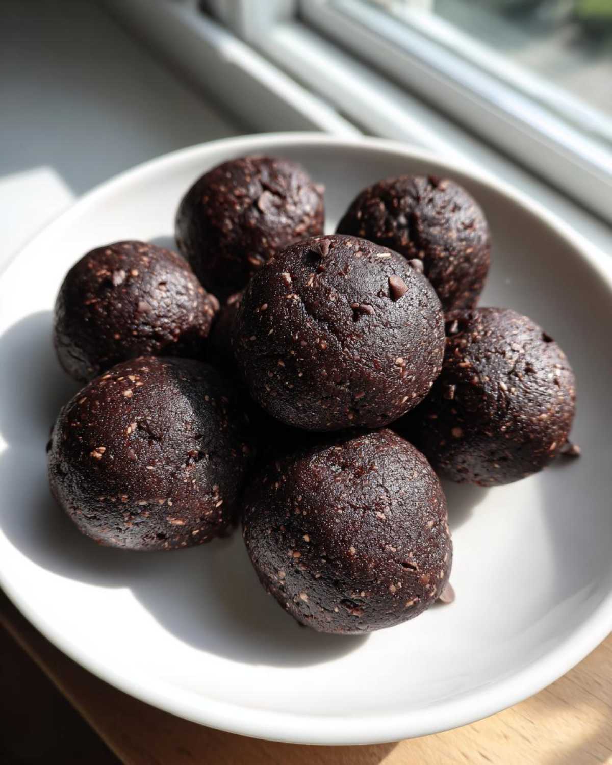 A close-up of several rich, dark Chocolate Brownie Protein Balls piled on a white saucer near a sunlit window.