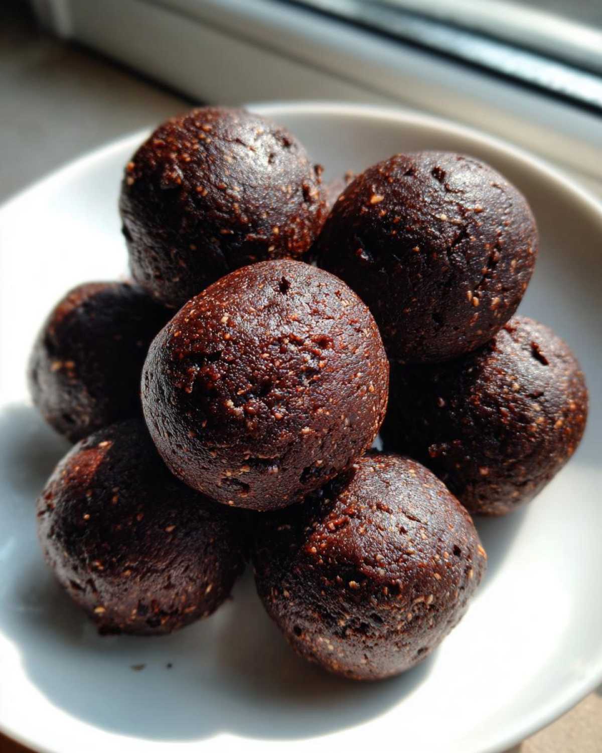 A close-up shot of several rich, dark Chocolate Brownie Protein Balls stacked on a white plate near a window.