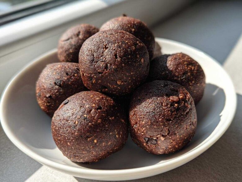 A close-up of several rich, dark Chocolate Brownie Protein Balls stacked in a small white bowl.