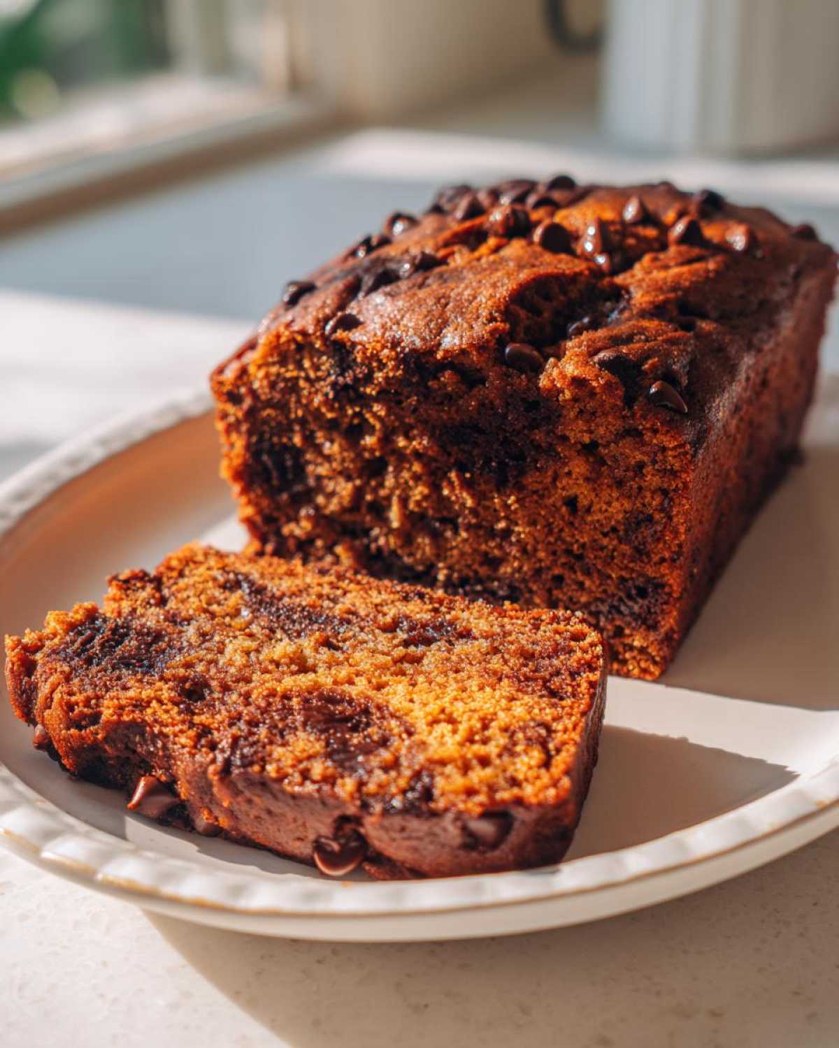 A freshly baked Chocolate Chip Vegan Banana Bread loaf with one slice cut, showing rich texture and melted chips.