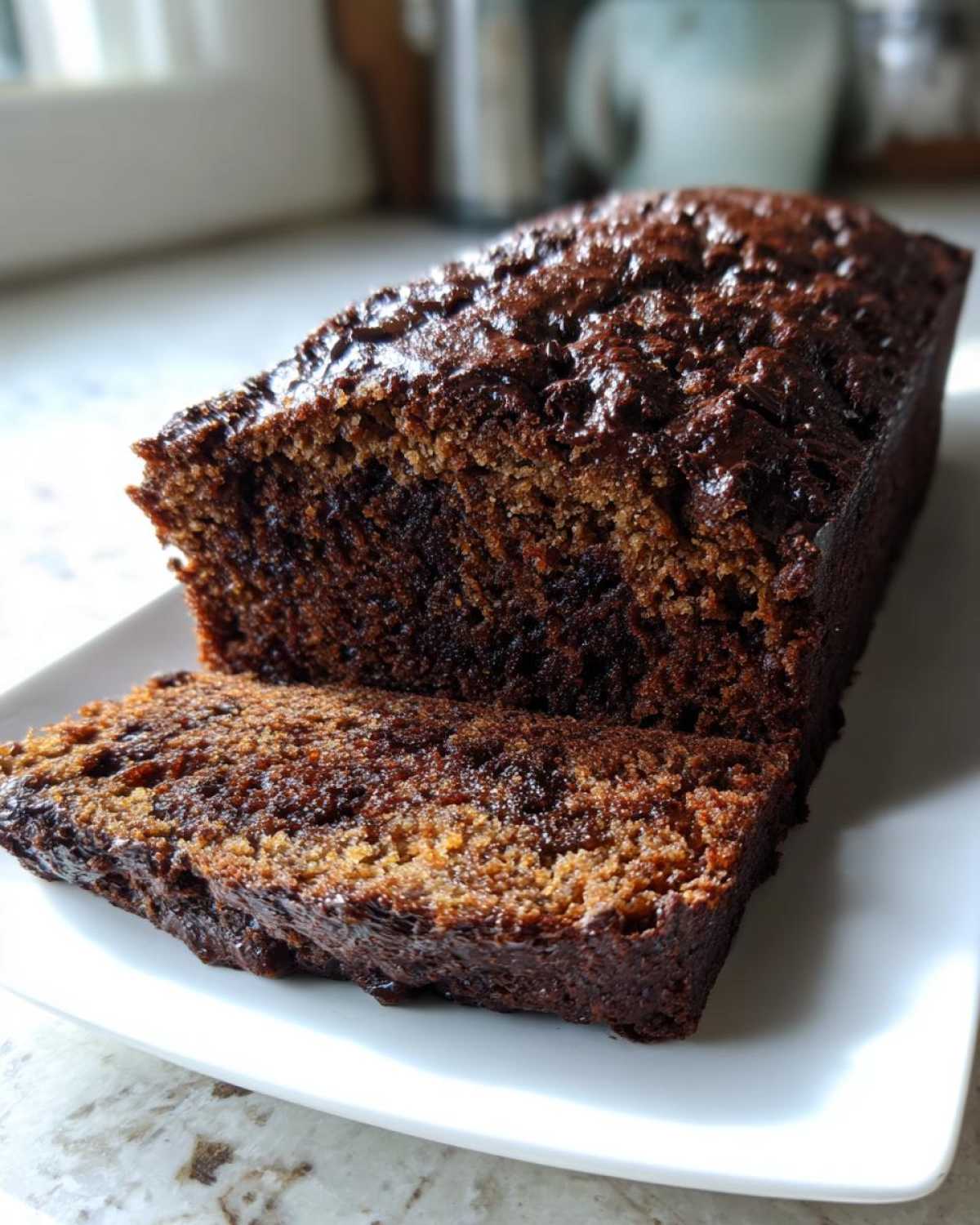 A close-up of a rich, dark Chocolate Chip Vegan Banana Bread loaf with one slice cut, showing moist texture.
