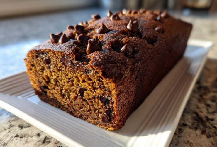 A close-up of a freshly baked Chocolate Chip Vegan Banana Bread loaf topped with melted chocolate chips.