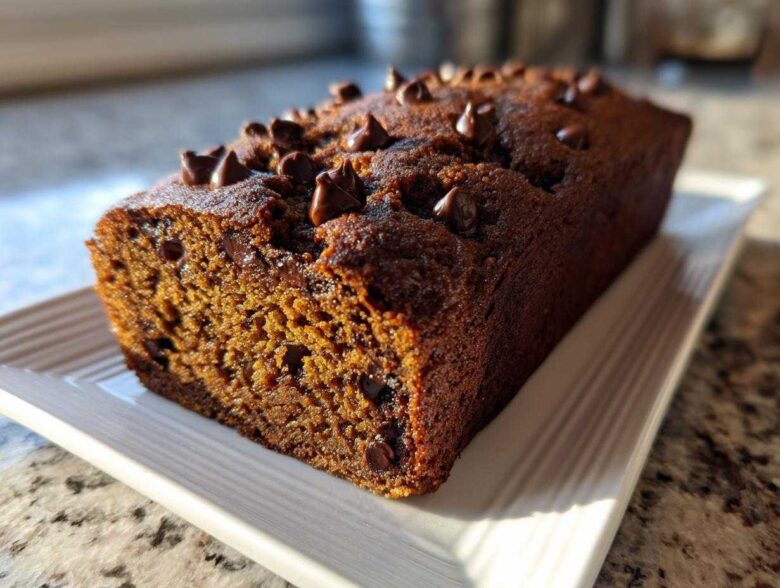 A close-up of a freshly baked Chocolate Chip Vegan Banana Bread loaf topped with melted chocolate chips.