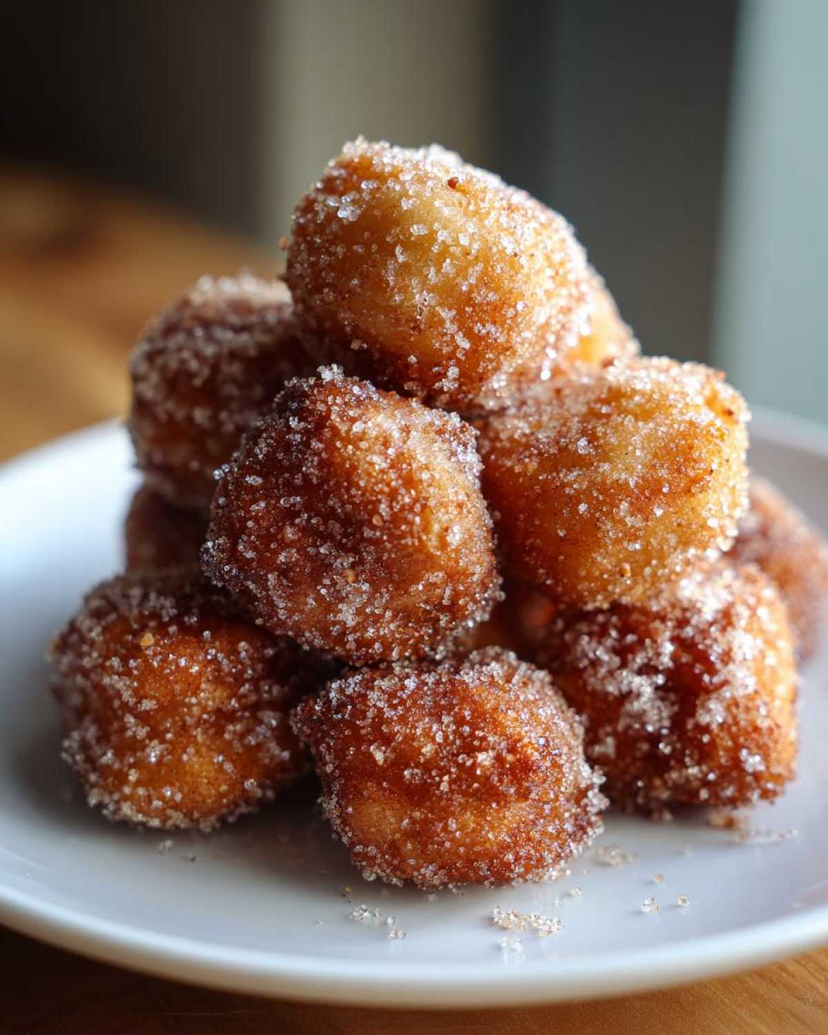 A close-up stack of golden brown Churro Bites generously coated in cinnamon sugar on a white plate.
