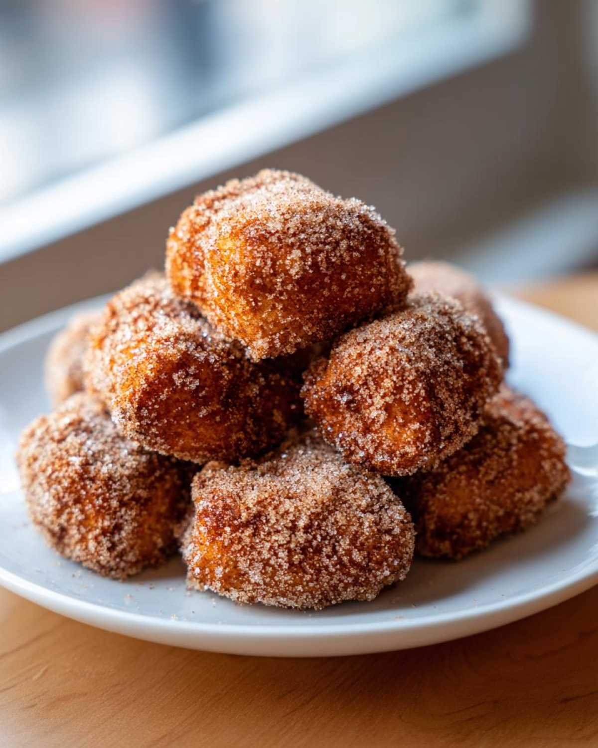 A close-up stack of golden brown, freshly fried Churro Bites coated heavily in cinnamon sugar.