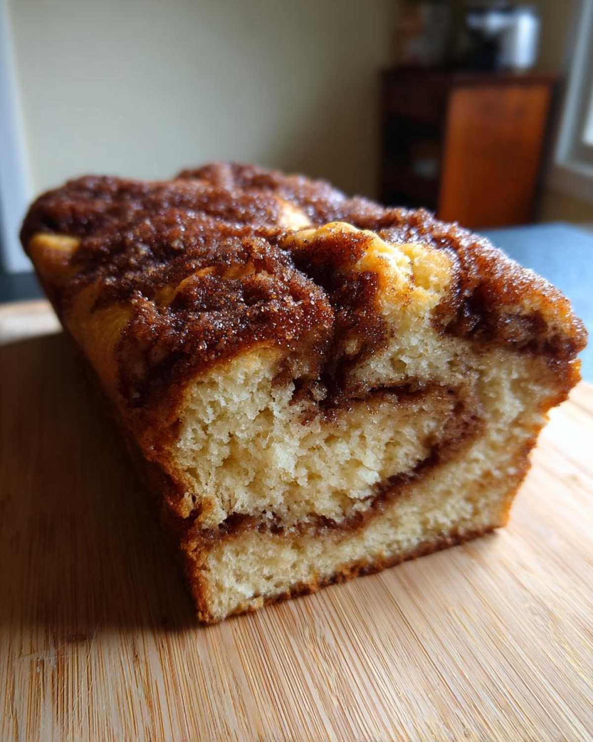 A close-up of a freshly baked Cinnamon Sugar Donut Bread loaf showing the swirl interior and sugary topping.